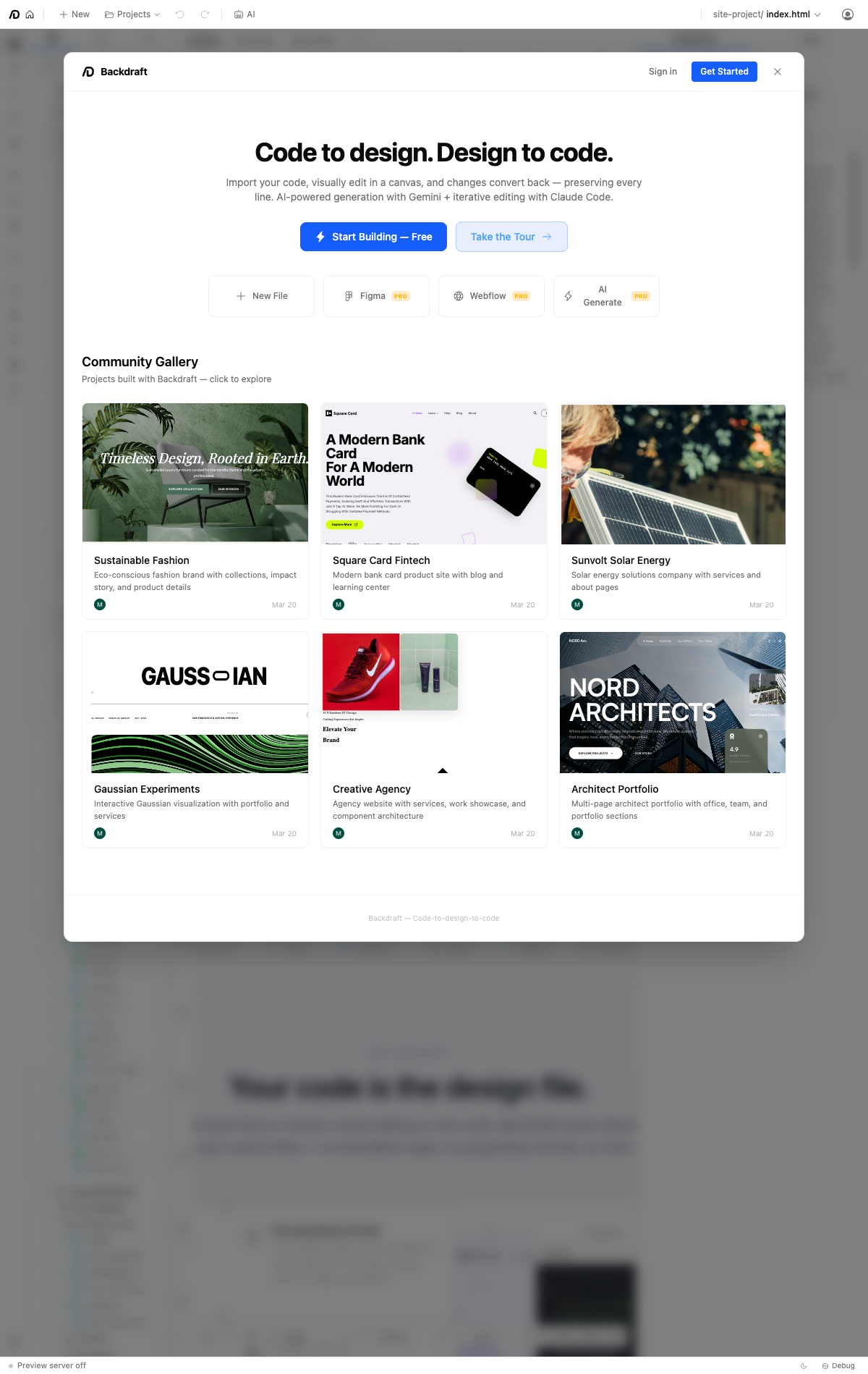 Backdraft dashboard and community gallery.