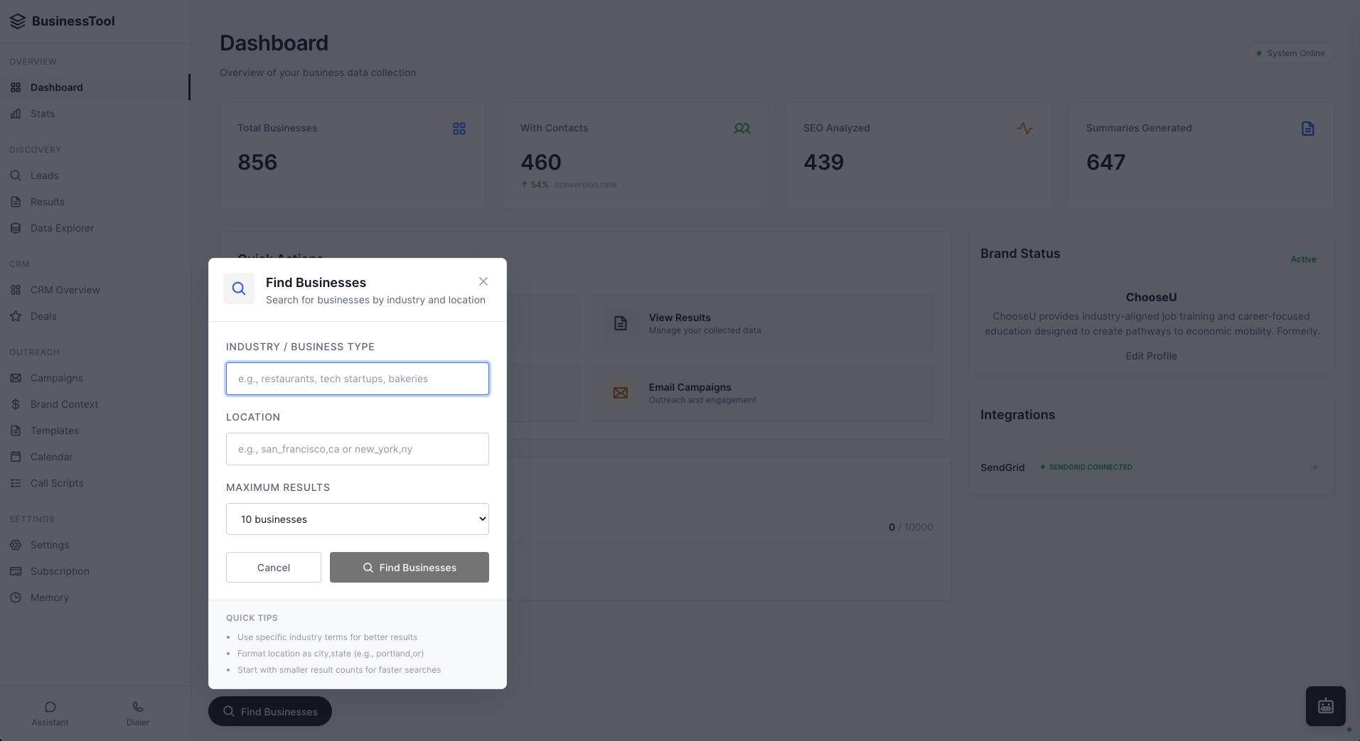 Business Info Tool campaign management
