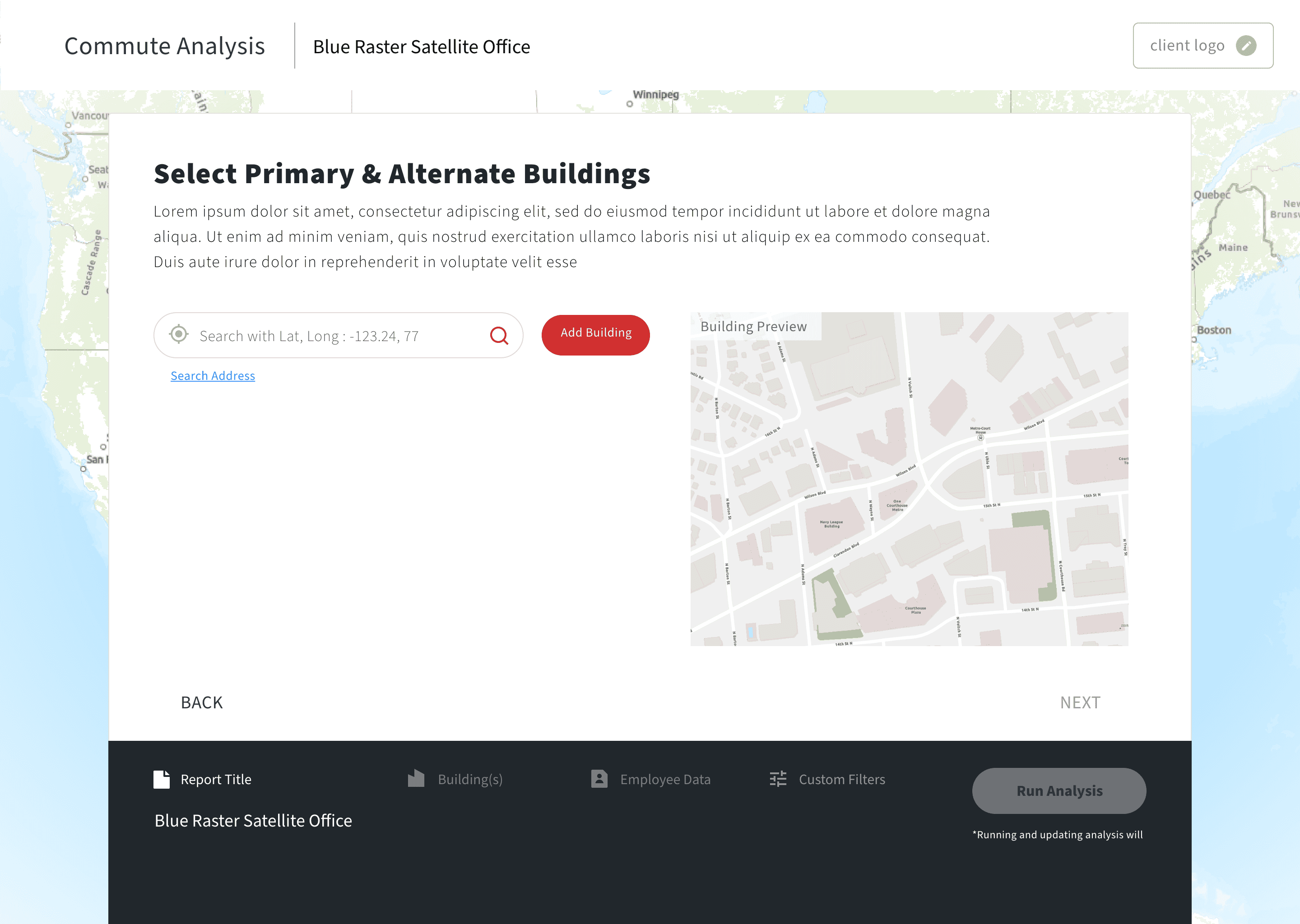 Building selection with coordinates
