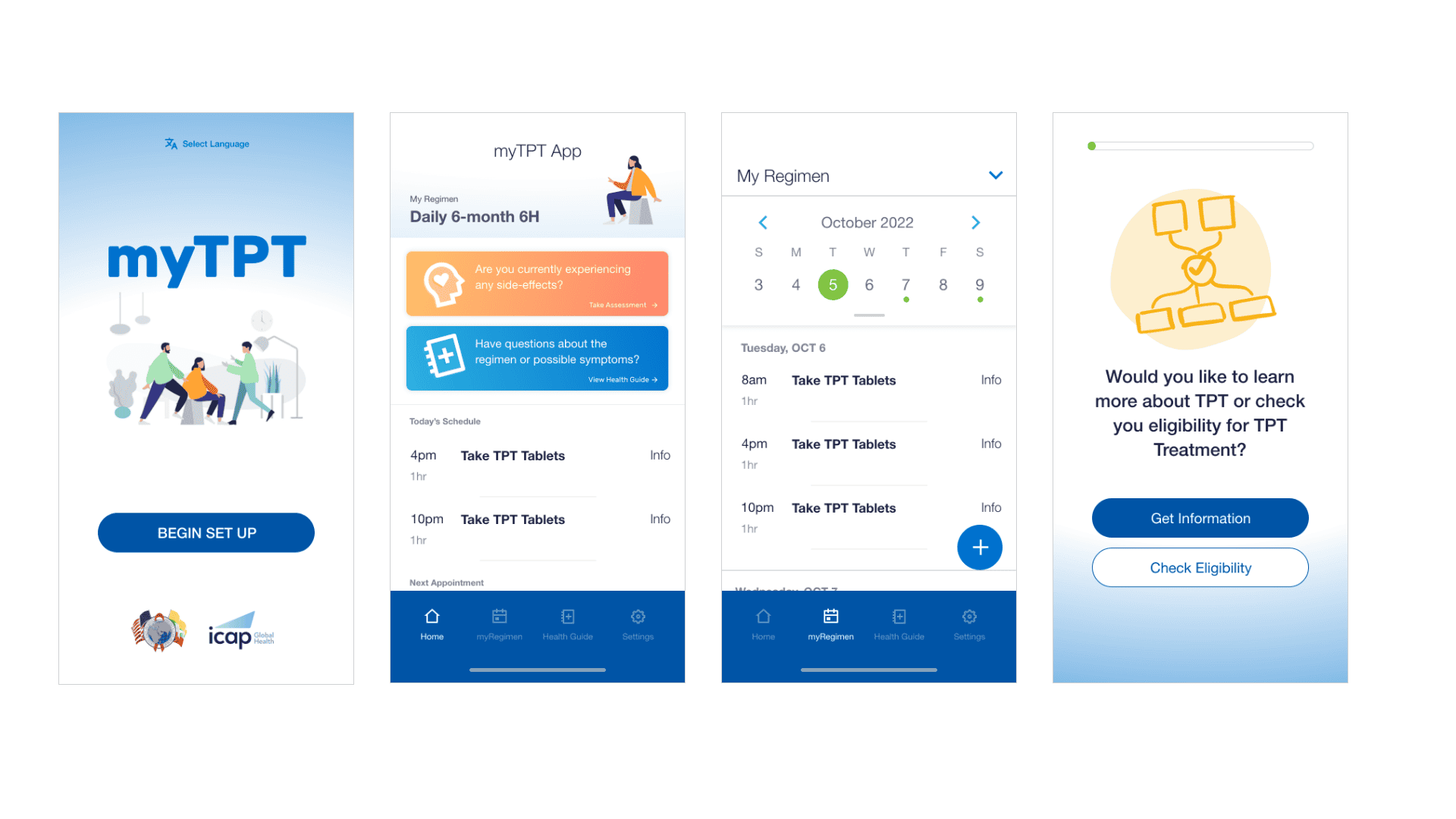 MyTBT app screen overview showing all app states
