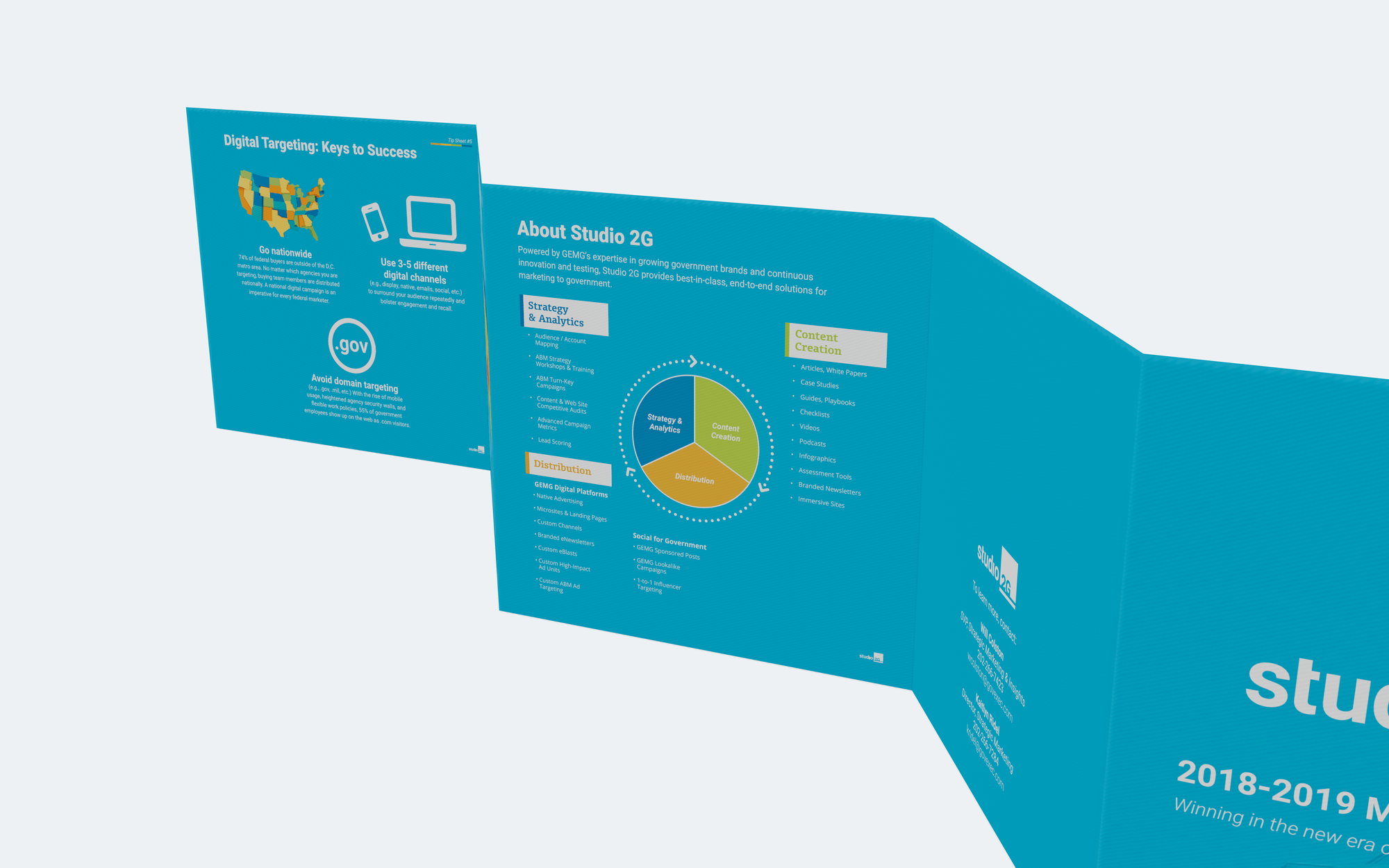 Detail view of the interior panels of the folded Studio 2G brochure
