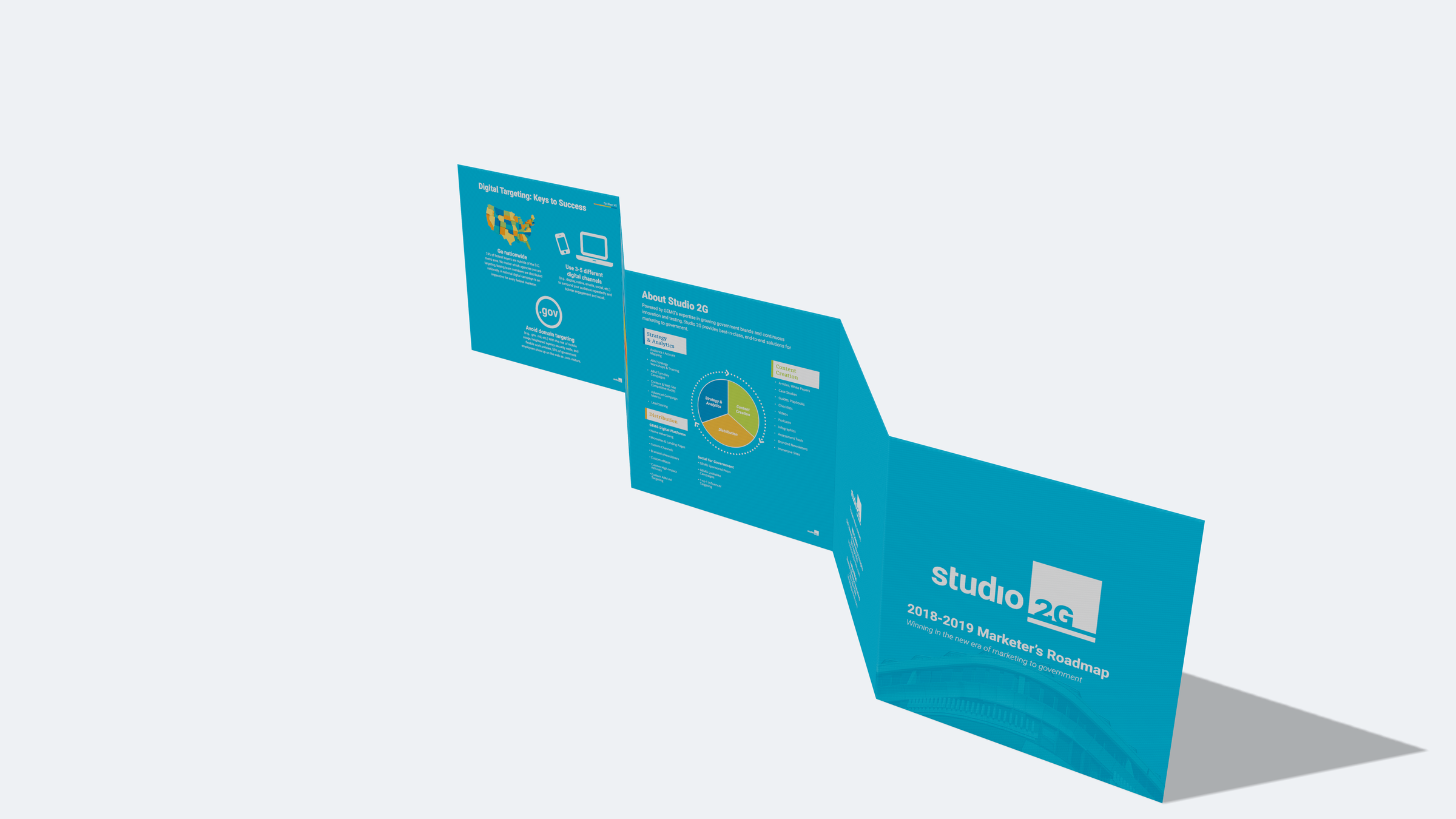 Studio 2G Marketer's Roadmap shown as a folded five-panel accordion brochure