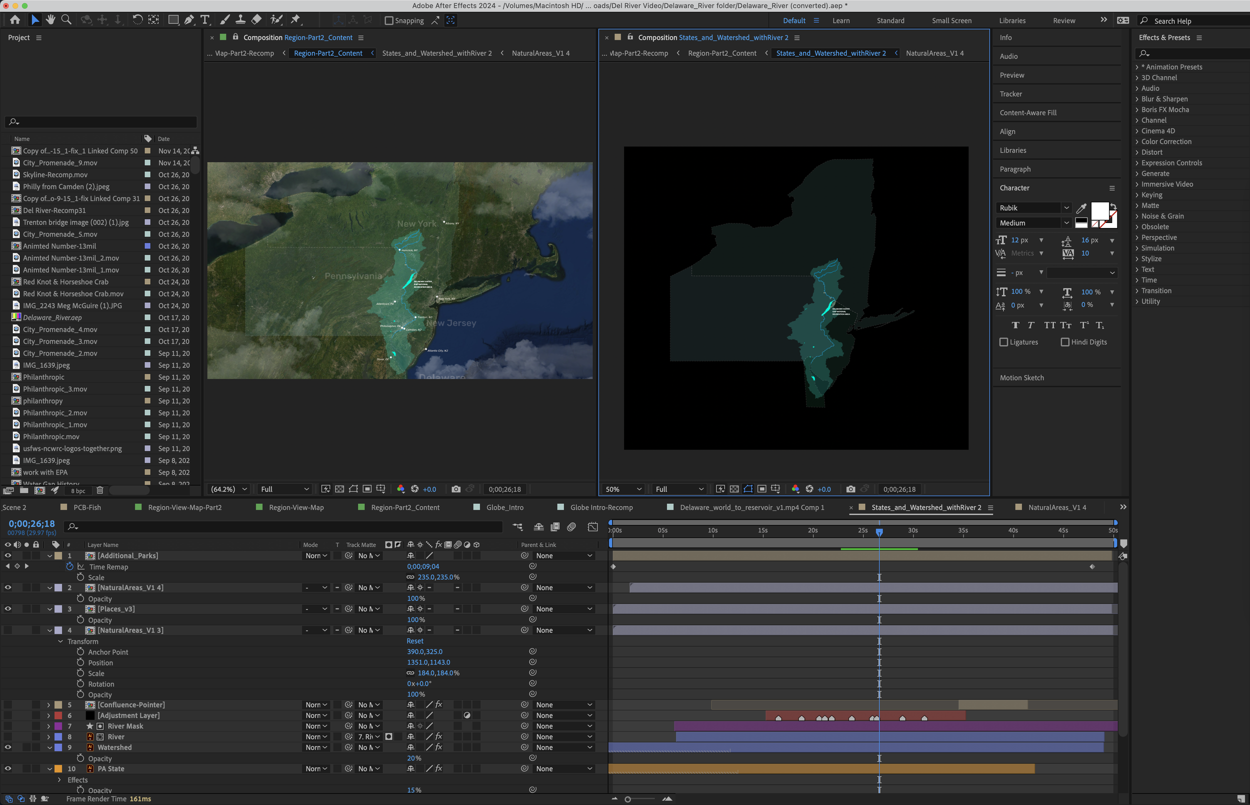 After Effects composition showing Delaware River watershed map animation