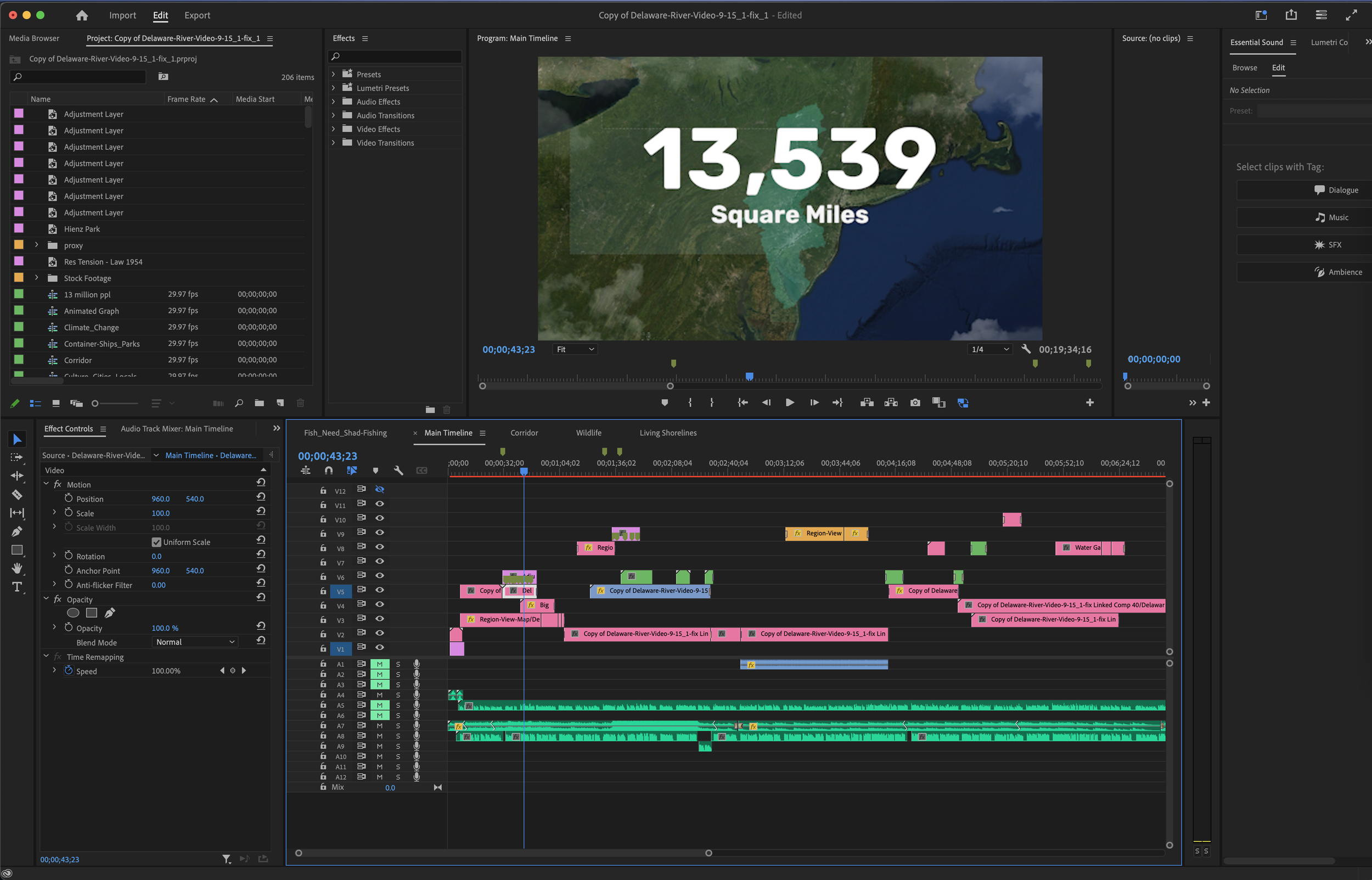 Premiere Pro timeline showing the full documentary edit with map animation preview