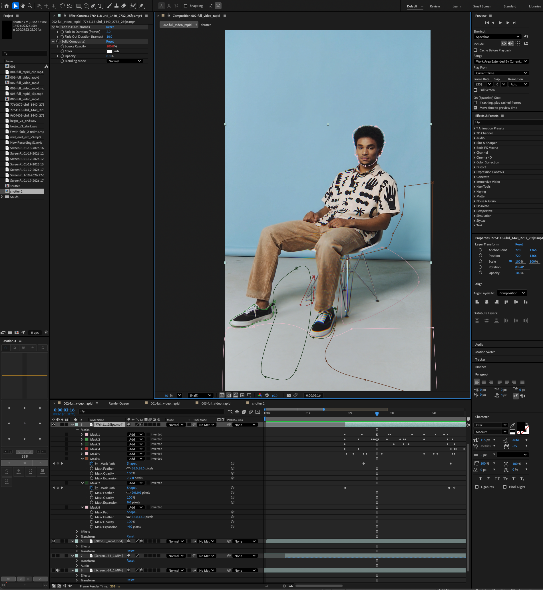 After Effects composition showing multi-layer masking and timeline