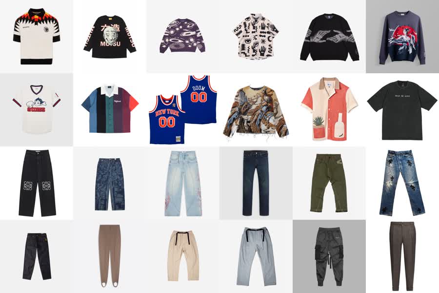 Grid of clothing items from the digital closet — tops, bottoms, sweaters, jerseys