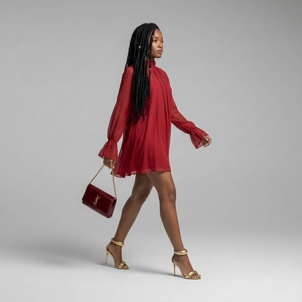 AI-generated result — subject wearing the red dress with gold heels and clutch