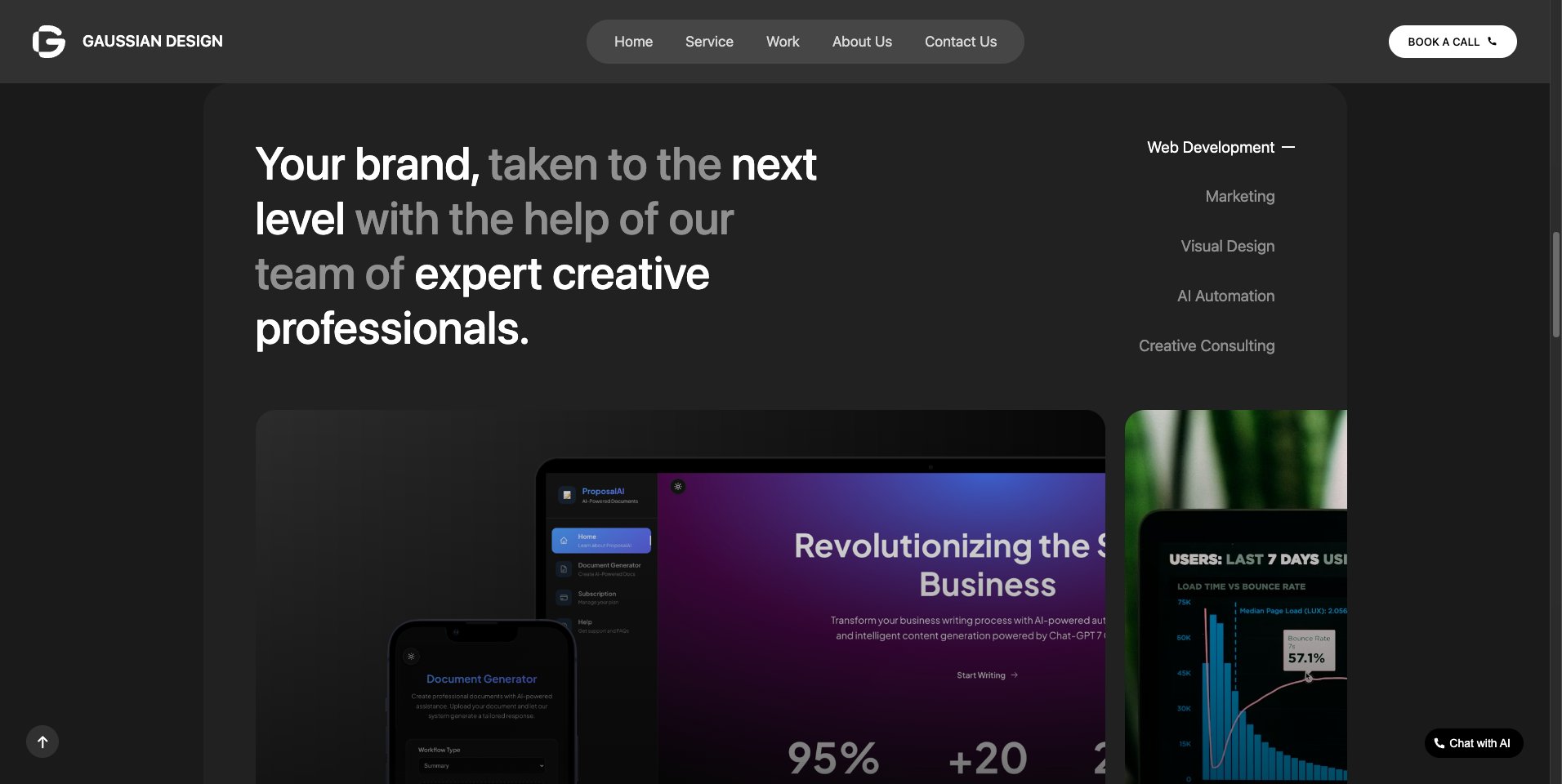 Gaussian Design services section showing portfolio mockups