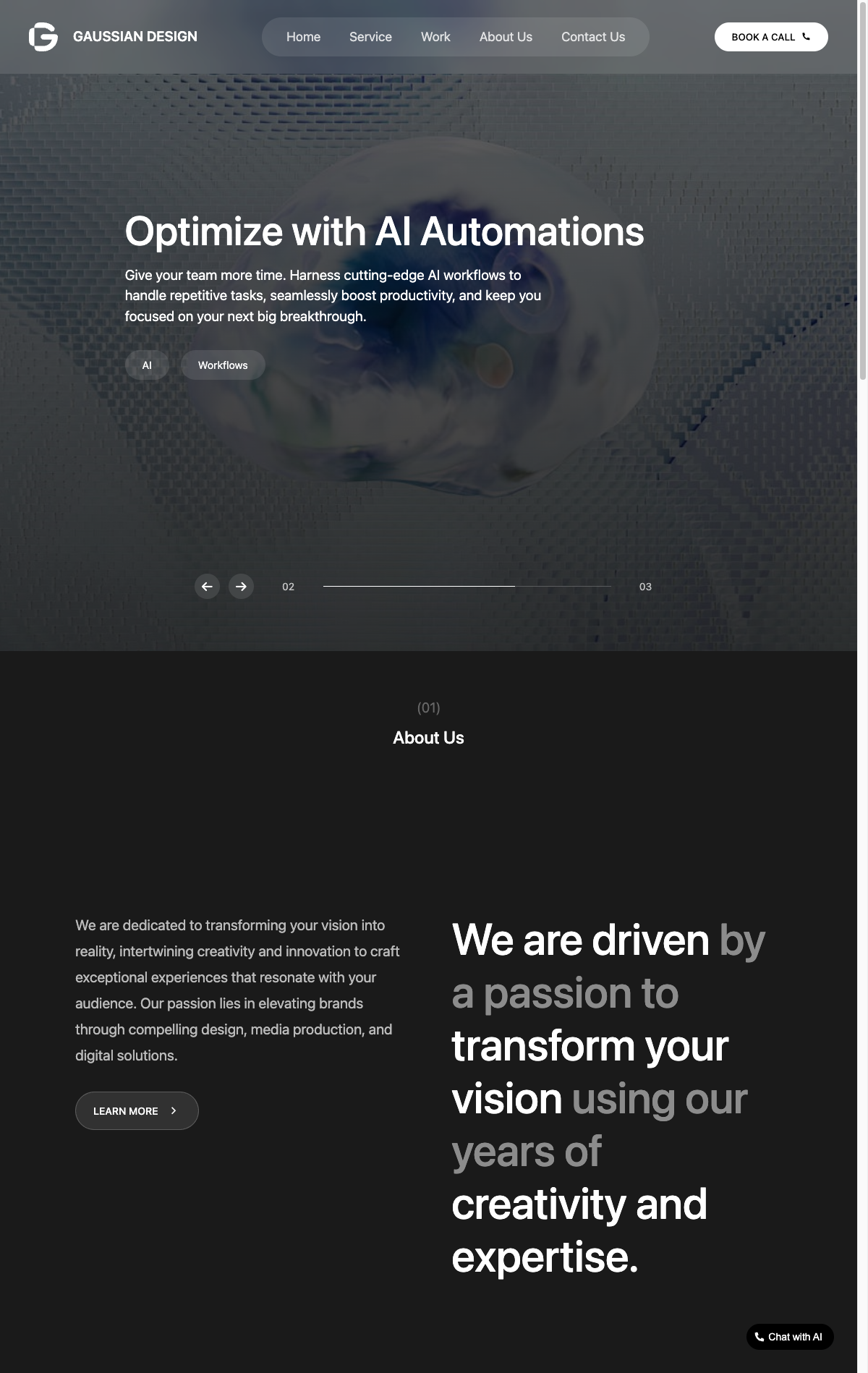 Gaussian Design website hero and about section