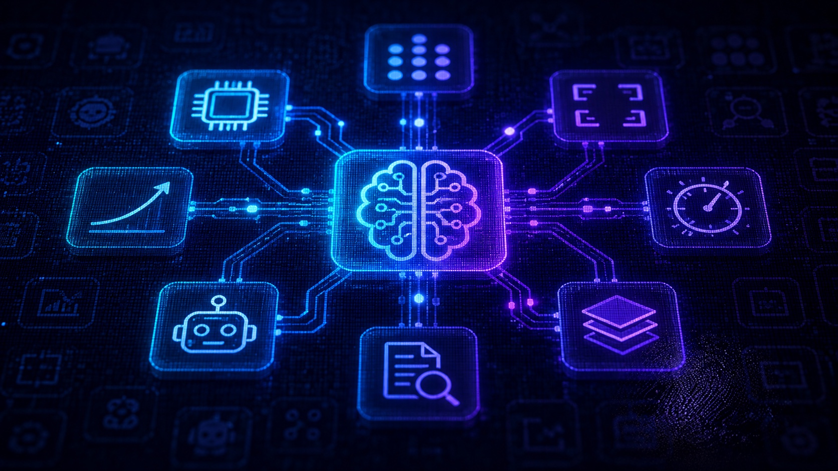 An exploded-view illustration of a glowing machine, its panels pulled apart to reveal labeled internal parts. Floating tags name pieces like token, embedding, attention, and inference, with thin connection lines tracing how text flows from one part to the next.