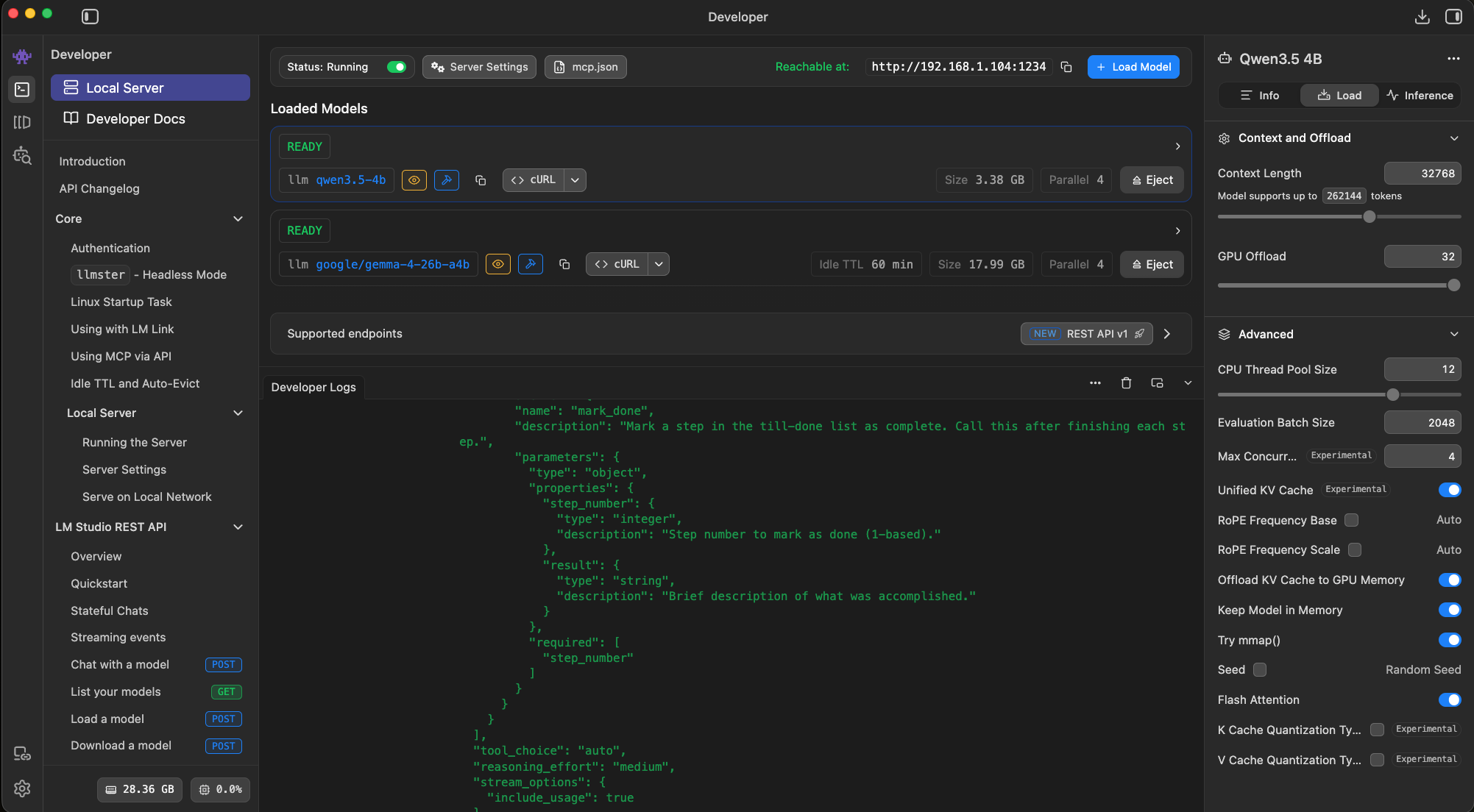 LM Studio loaded with two models: qwen3.5-4b and google/gemma-4-26b-a4b, both running locally.