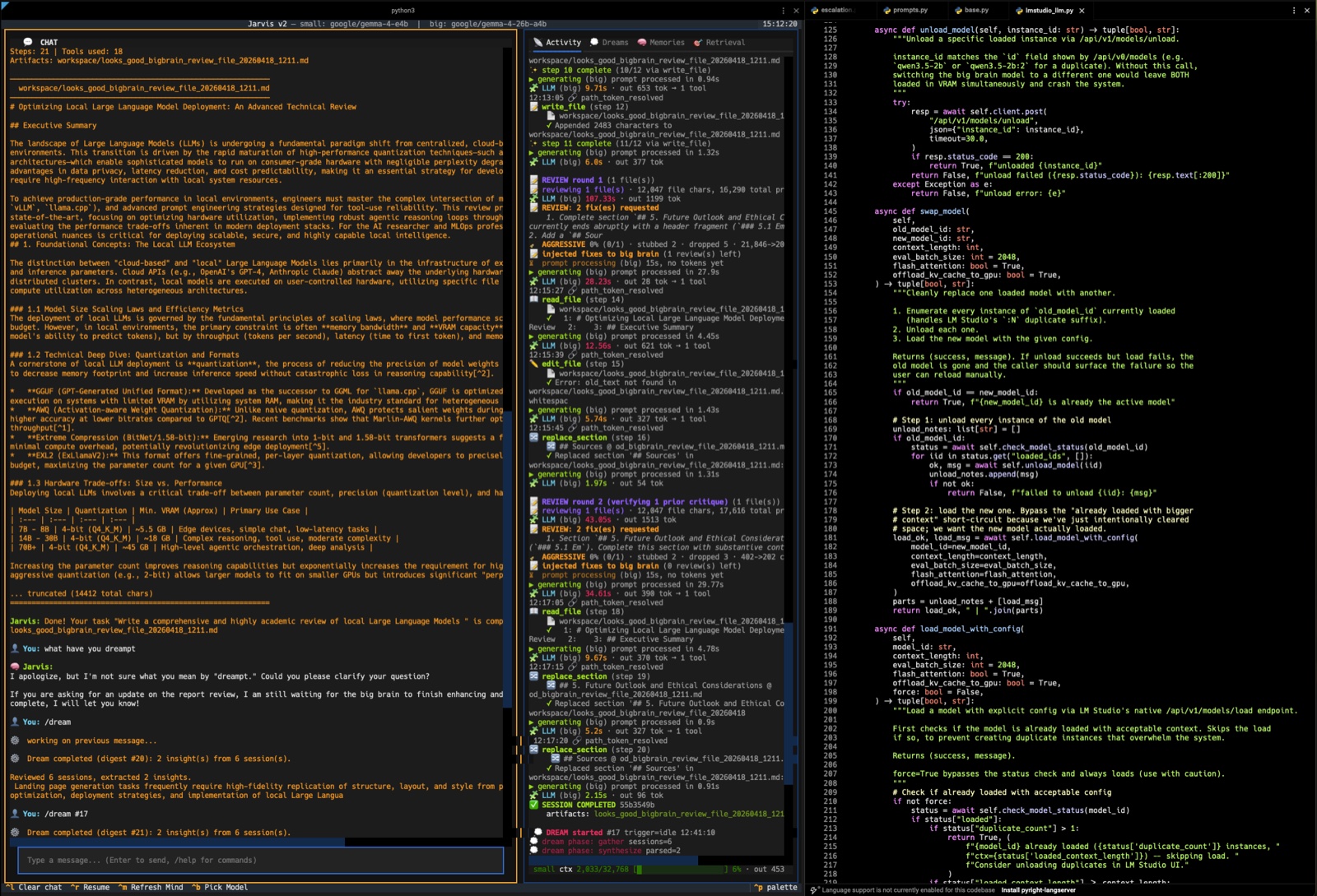 Jarvis v2 TUI mid-session. Left panel shows the chat with user and assistant messages. Middle panel is the Activity log with tool calls and model reasoning scrolling past. Right panel shows actual code being written by the big brain.