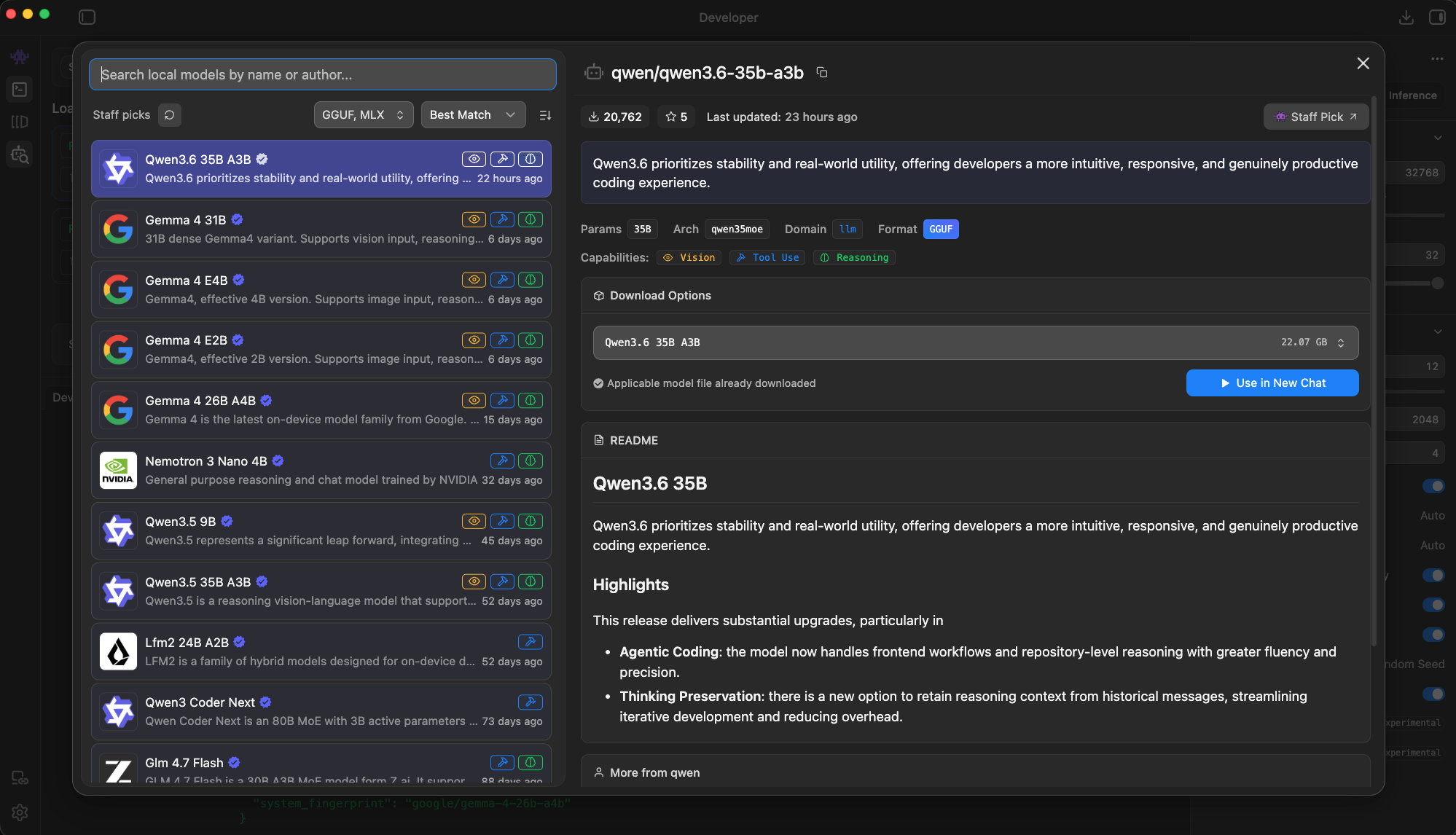 LM Studio Discover page highlighting Qwen 3.6 35B-A3B with a Staff Pick badge, showing model description about stability, real-world utility, and agentic coding.