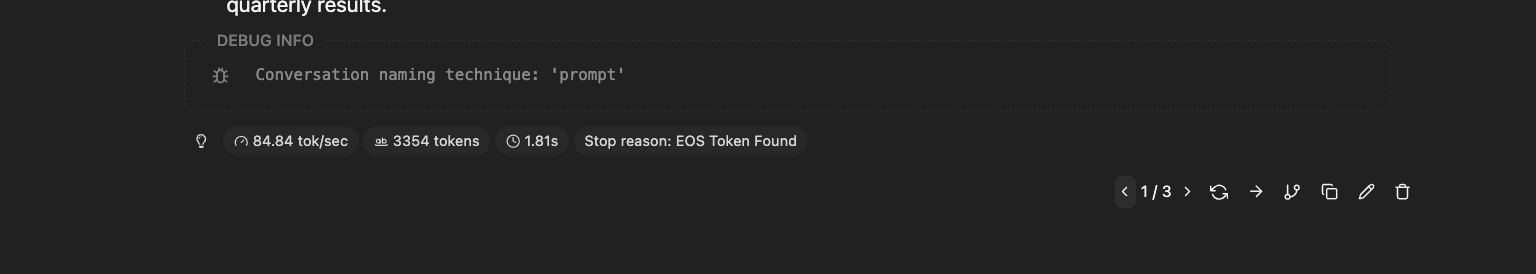 LM Studio status bar showing a completed response at 84.84 tokens per second over 3354 tokens in 1.81 seconds, stop reason: EOS token found.
