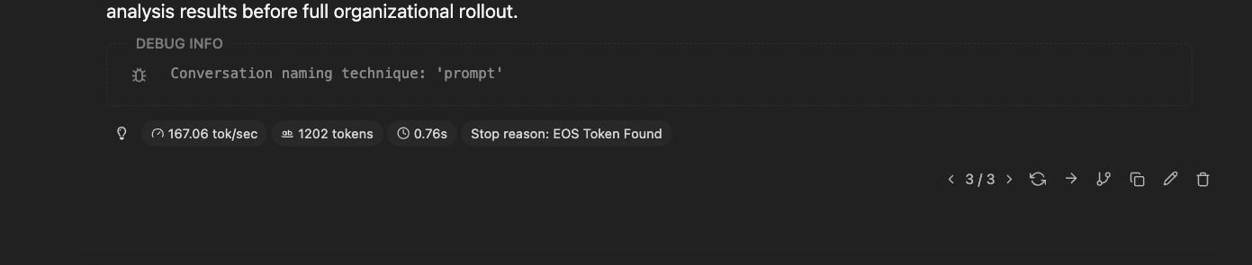 LM Studio status bar showing a completed response at 167.06 tokens per second over 1202 tokens in 0.76 seconds, stop reason: EOS token found.