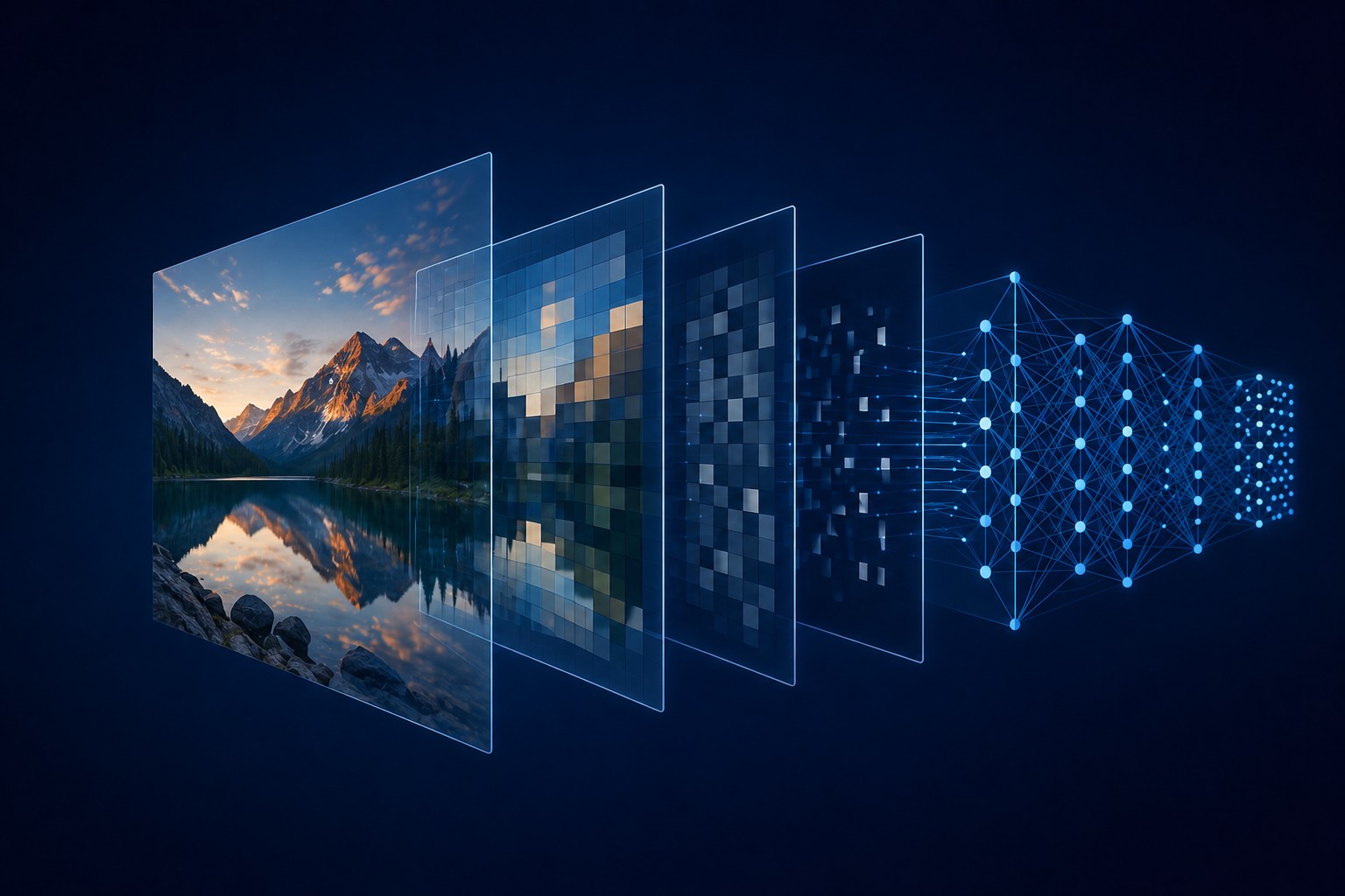 A mountain landscape photograph fans out into a sequence of layered glass panes: the original photo, a coarse grid of color blocks, a denser tile grid, and finally a constellation of connected nodes. Each layer abstracts the image further than the last.