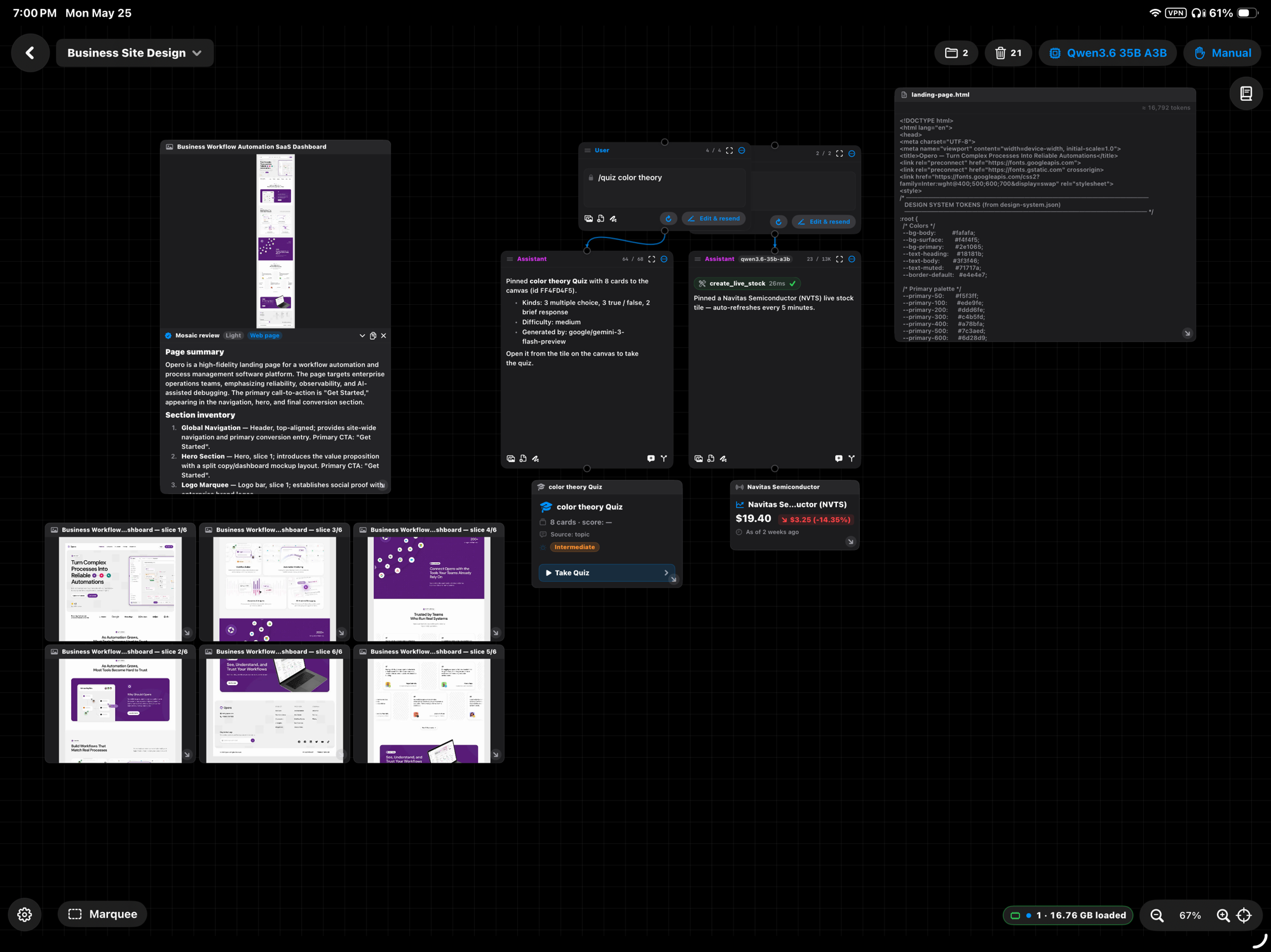 Nodebook canvas: a user prompt forks into two sibling replies on different models, surrounded by tool artifacts including a quiz deck, a live stock tile, a landing-page HTML node, and a row of page-slice thumbnails