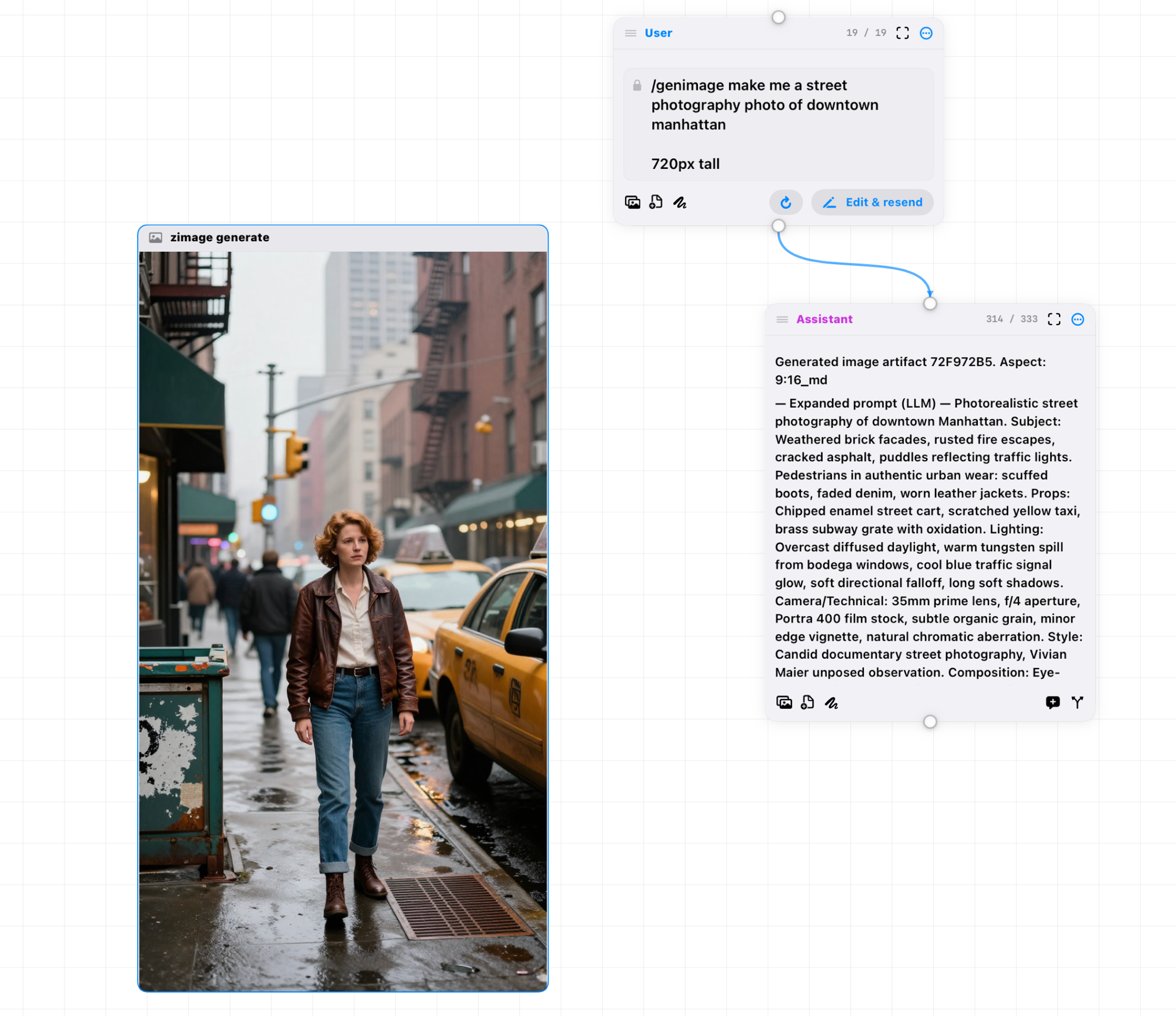A /genimage call returning a downtown Manhattan street photograph as an artifact, with the expanded prompt shown on the assistant node
