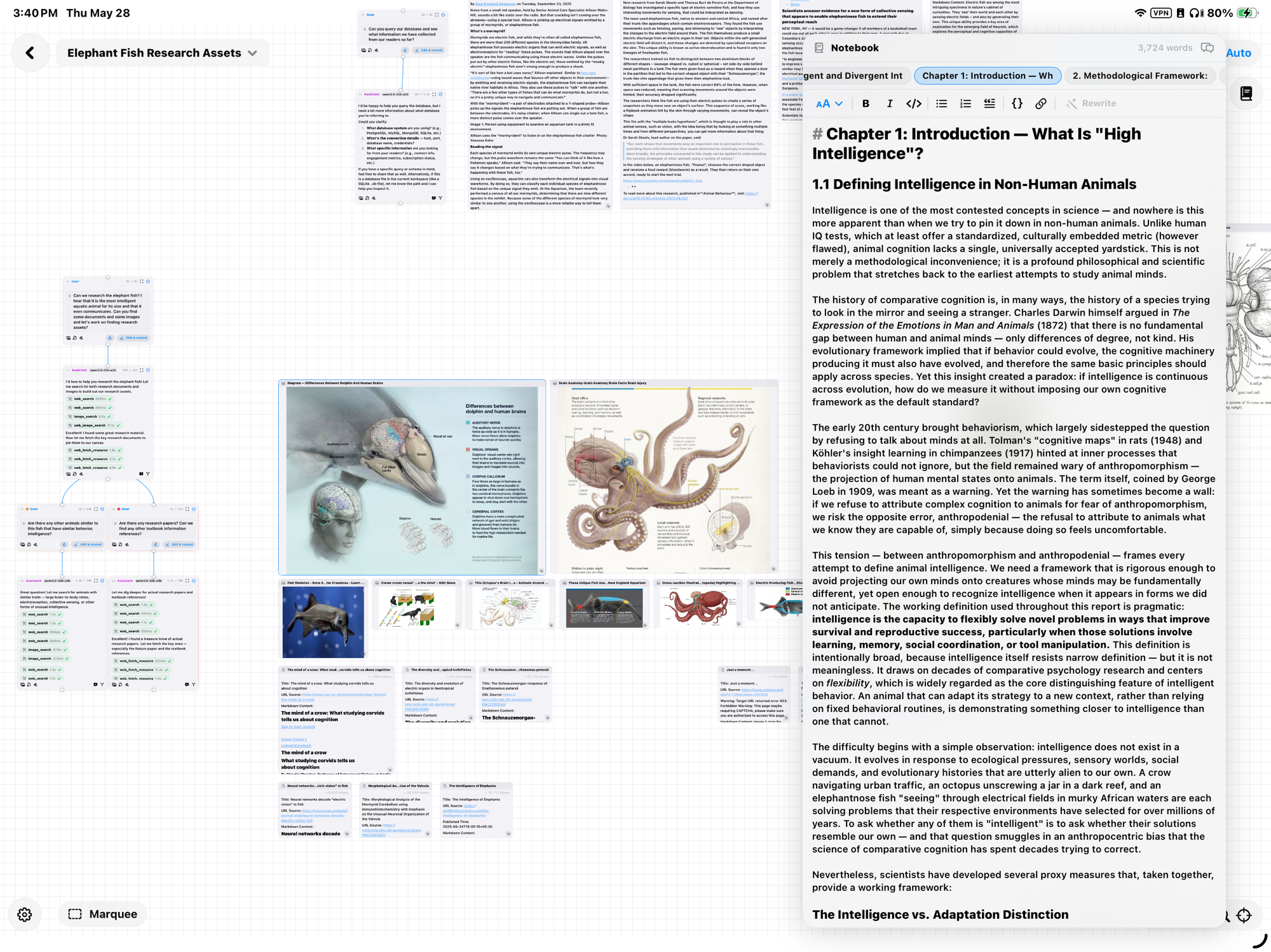 The Notebook side panel open over a research canvas, showing a Chapter 1 markdown document the chat has been editing in place