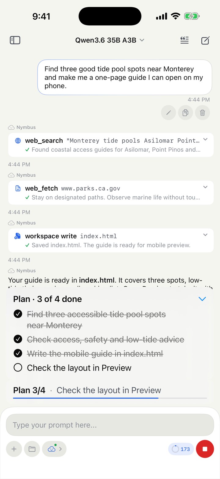 An agent run with web search, page fetch, file write and a plan checklist