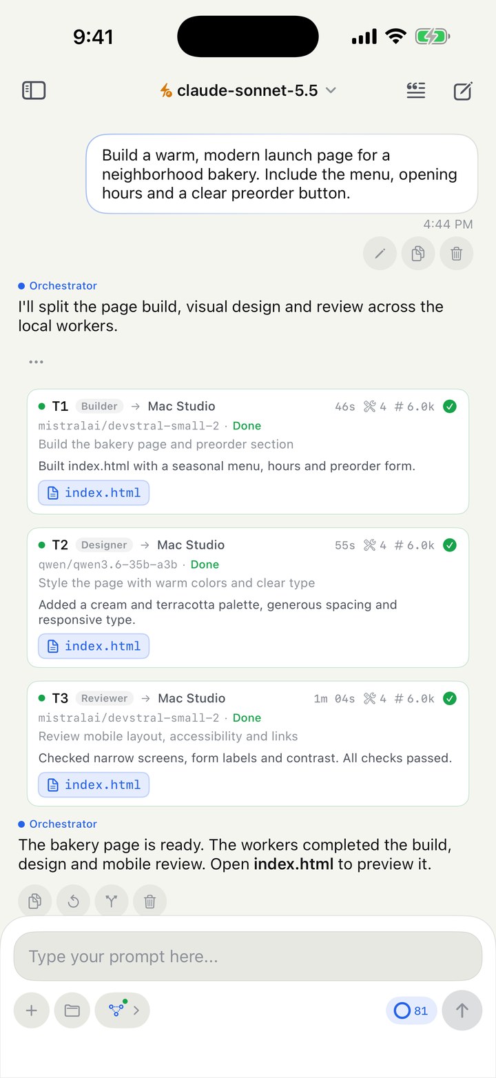 An orchestrator run with builder, designer and reviewer workers