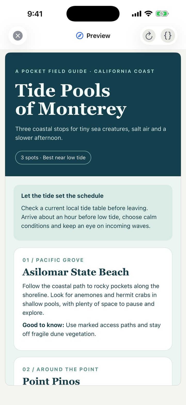 A generated tide pool guide in the live preview