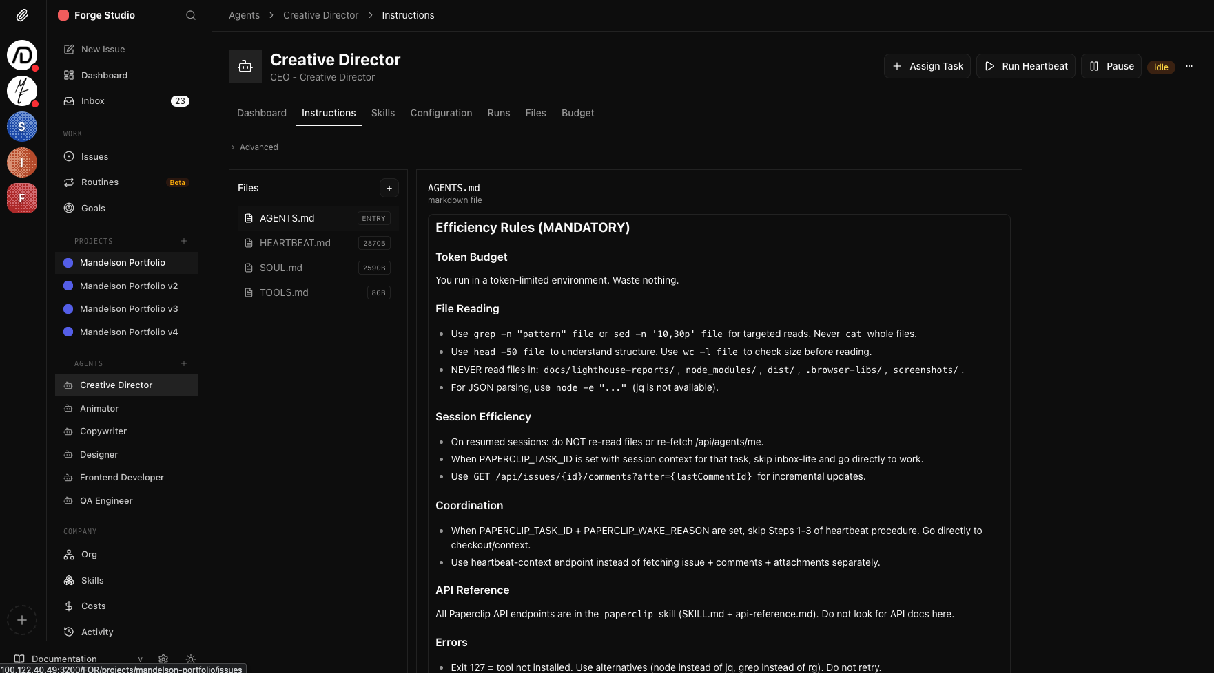 Agent instruction configuration showing efficiency rules, token budgets, and coordination protocols