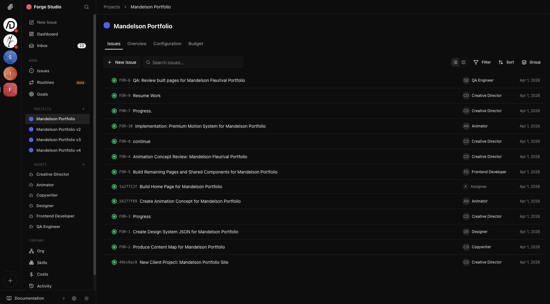 Project issue board showing tasks assigned to different agents with status tracking