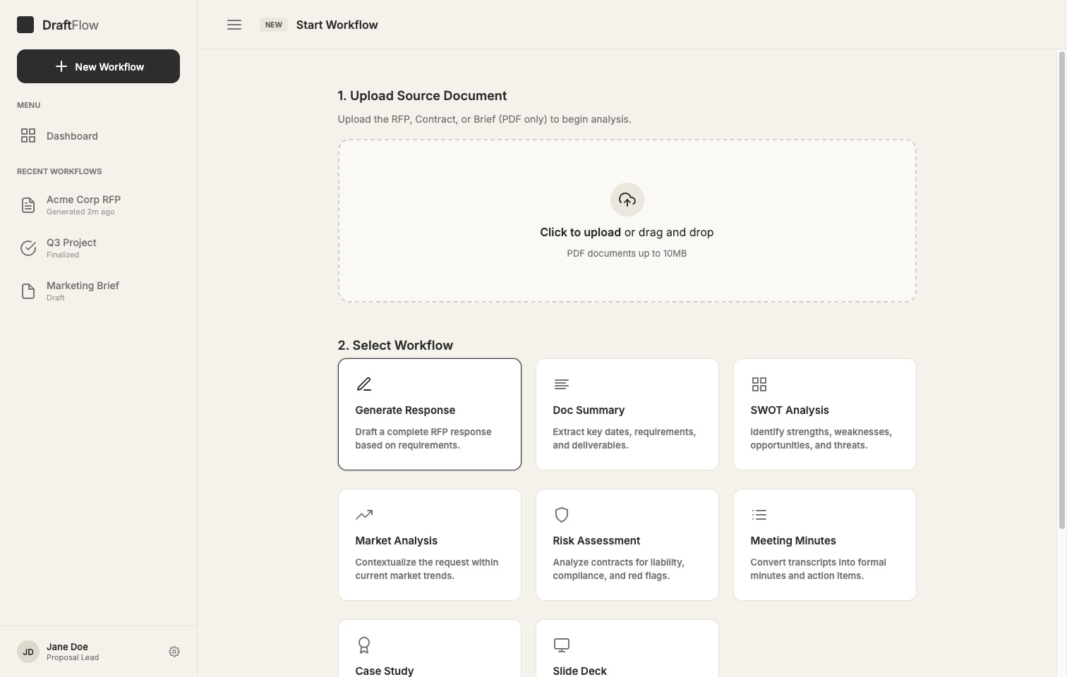 Printer AI workflow creator with document upload and workflow type selection