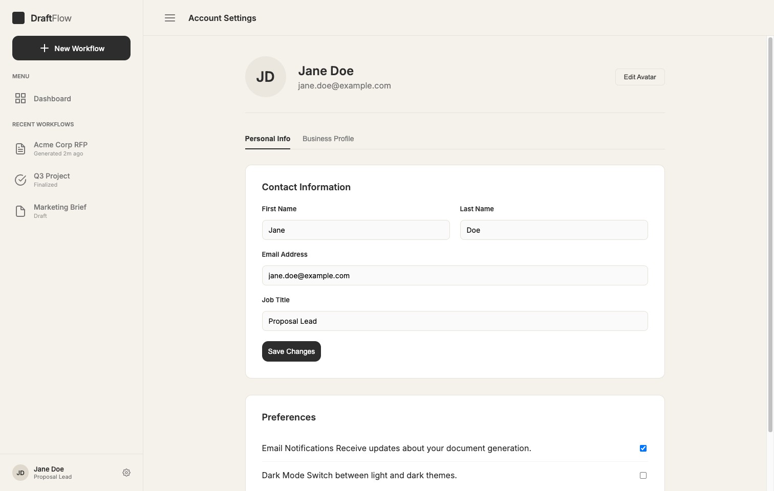 Printer AI account settings and profile page