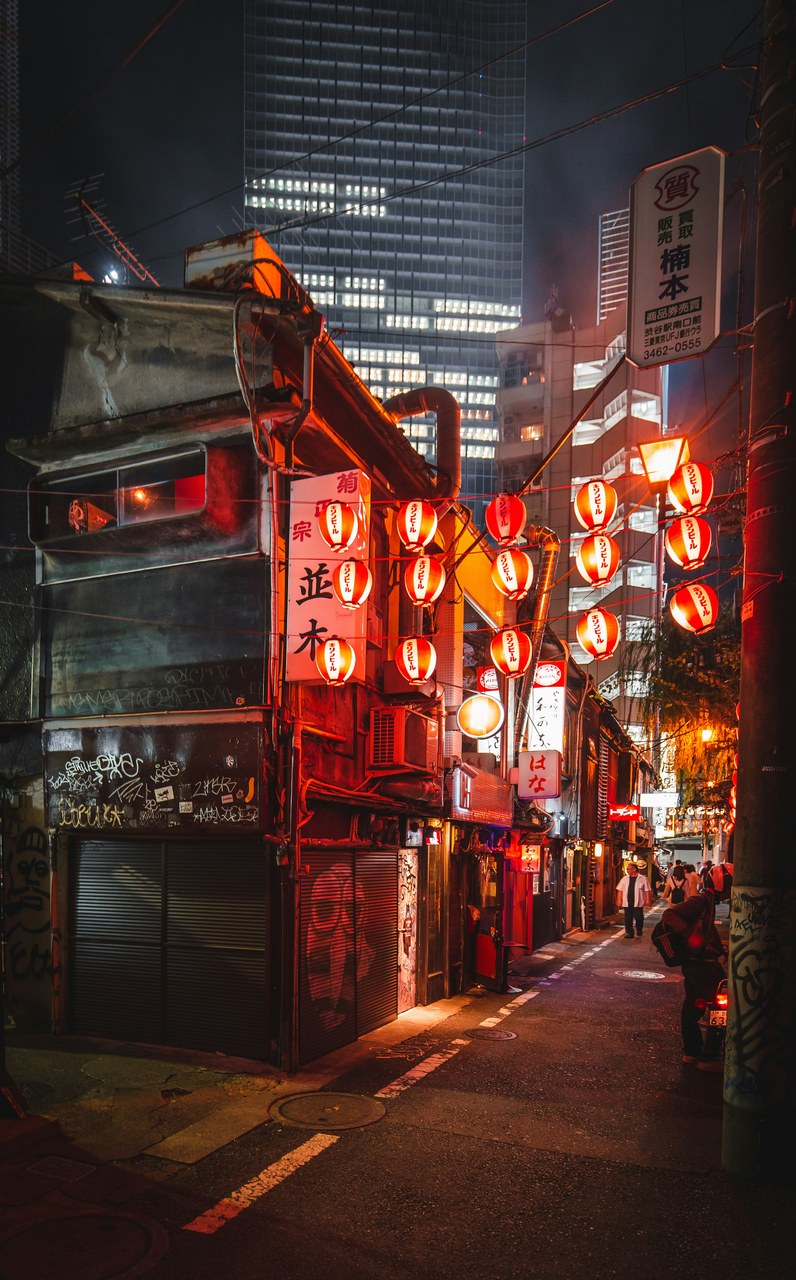 Tokyo street at night, drone view