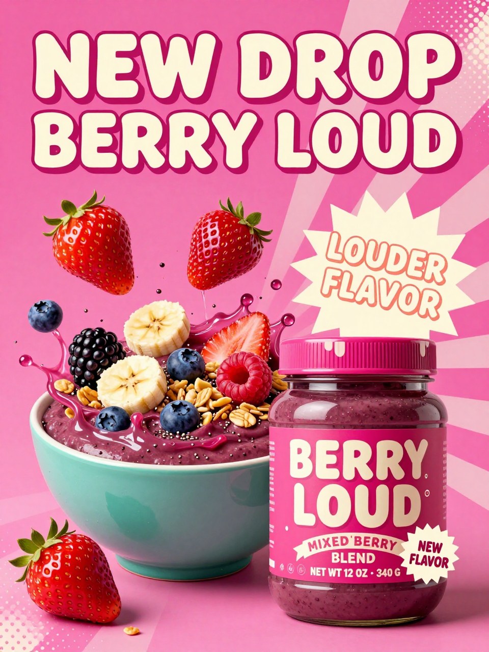 Z-Image Turbo generation: Vertical bold food product advertisement poster for "Berry Loud" mixed berry blend, hyper-…