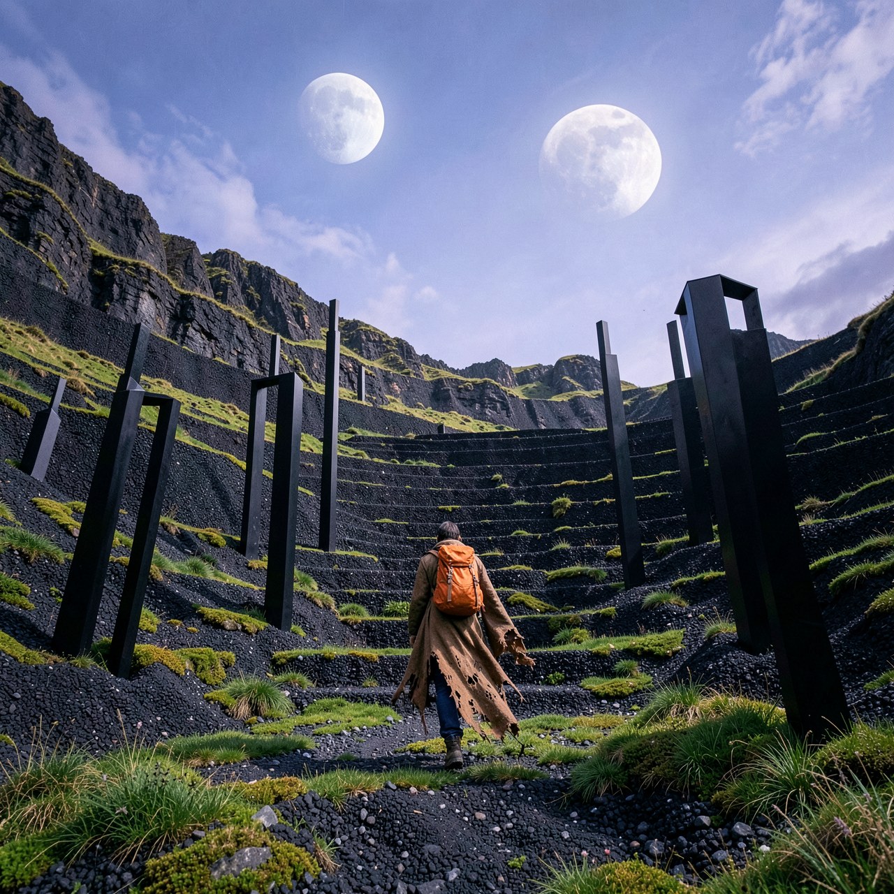 Z-Image Turbo generation: A breathtaking alien landscape resembling Earth with dramatic black gravel mountain steps…