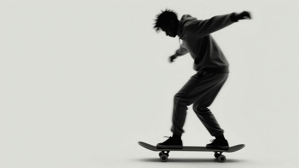 Z-Image Turbo generation: A blurred silhouette of a skateboarder in motion, wearing a charcoal gray sports kit, capt…