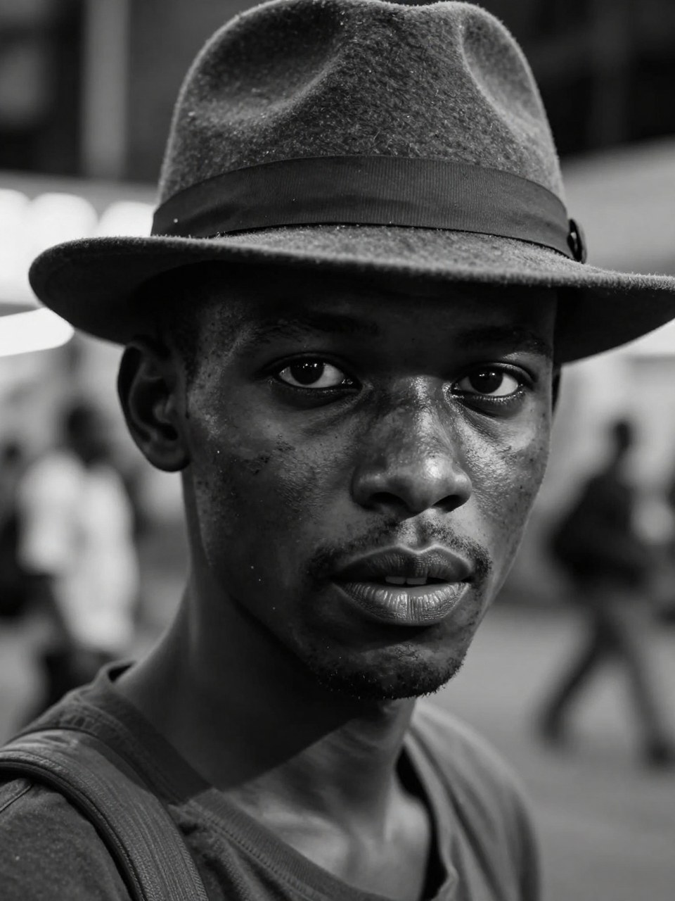 Z-Image Turbo generation: Close-up shot, black-and-white cinematic portrait of a 24-year-old Kenyan man's face mid-s…
