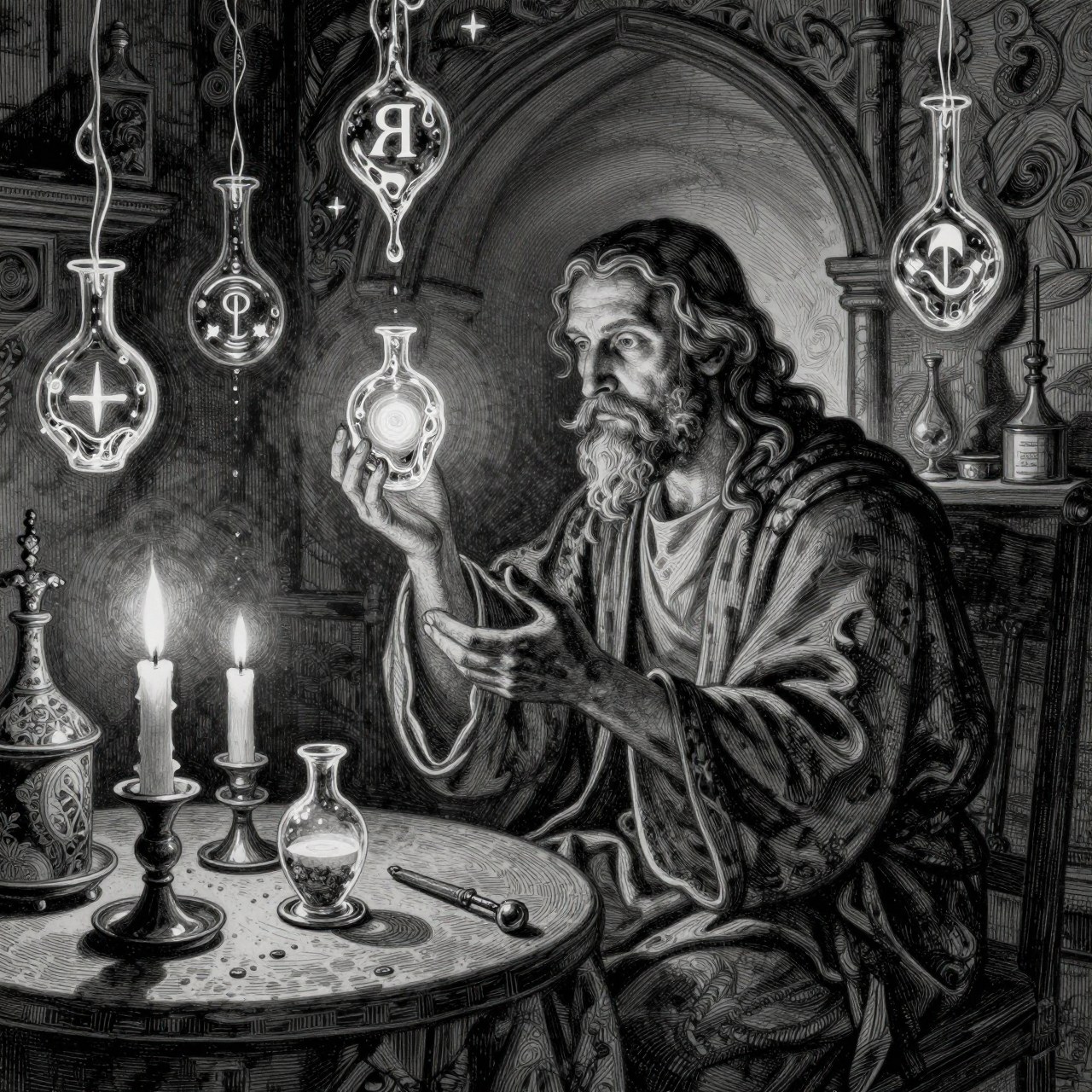 Z-Image Turbo generation: An alchemist in a candlelit chamber, glass vessels floating around him as symbols condense…