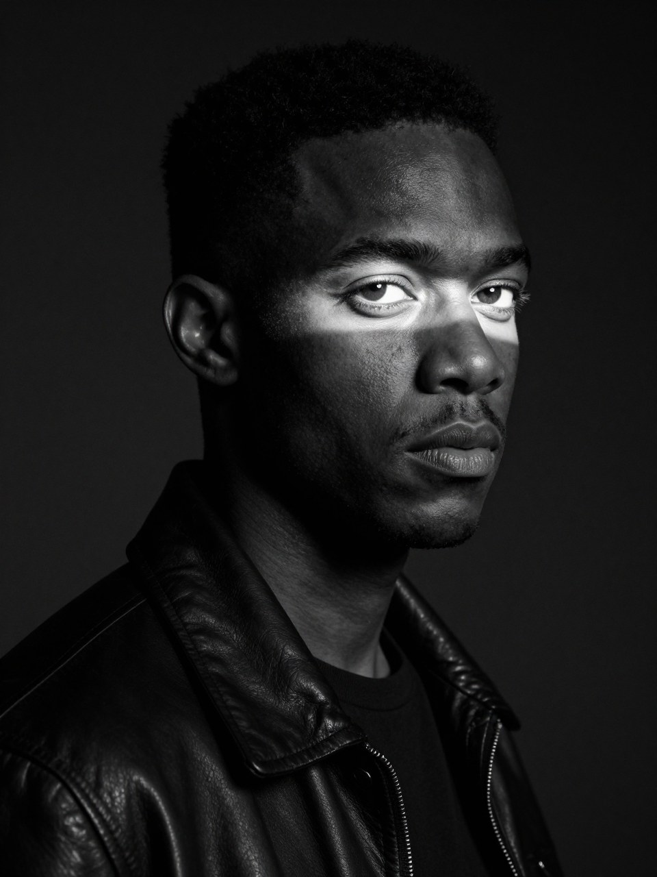 Z-Image Turbo generation: A hyper-realistic black-and-white cinematic portrait of a Black man with a sharp short fad…