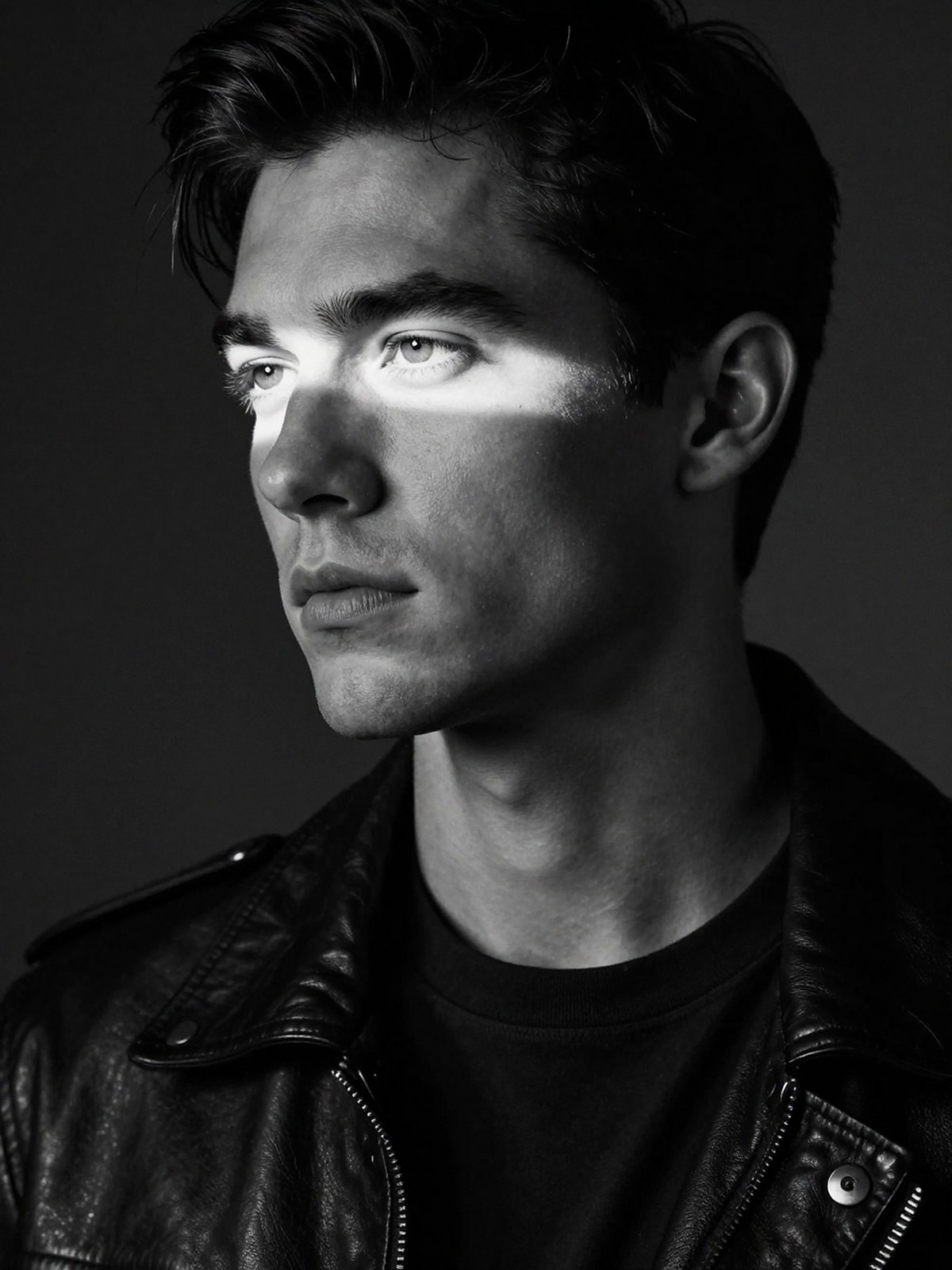 Z-Image Turbo generation: A hyper-realistic black-and-white cinematic portrait of a male model in a three-quarter pr…