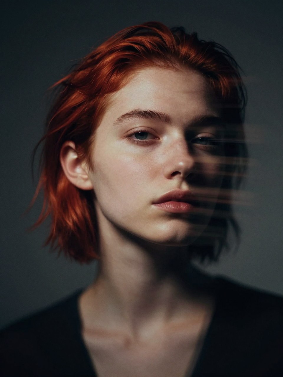 Z-Image Turbo generation: Ultra-close editorial portrait of a young woman in a dark studio, hair short and tousled w…