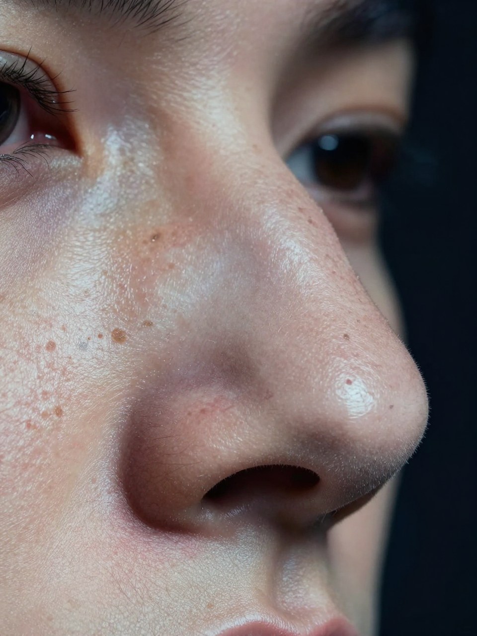 Z-Image Turbo generation: Subject: An extreme close-up of the nose — no face, only the nasal bridge and tip. The sub…