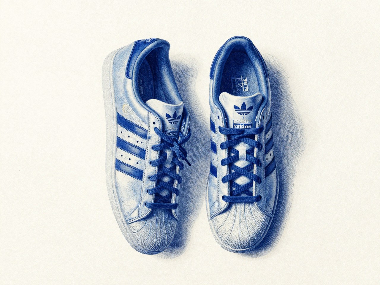 Z-Image Turbo generation: PHOTOREALISTIC BLUE ENGRAVING ARTWORK. Subject: A pair of classic Adidas Superstar sneaker…