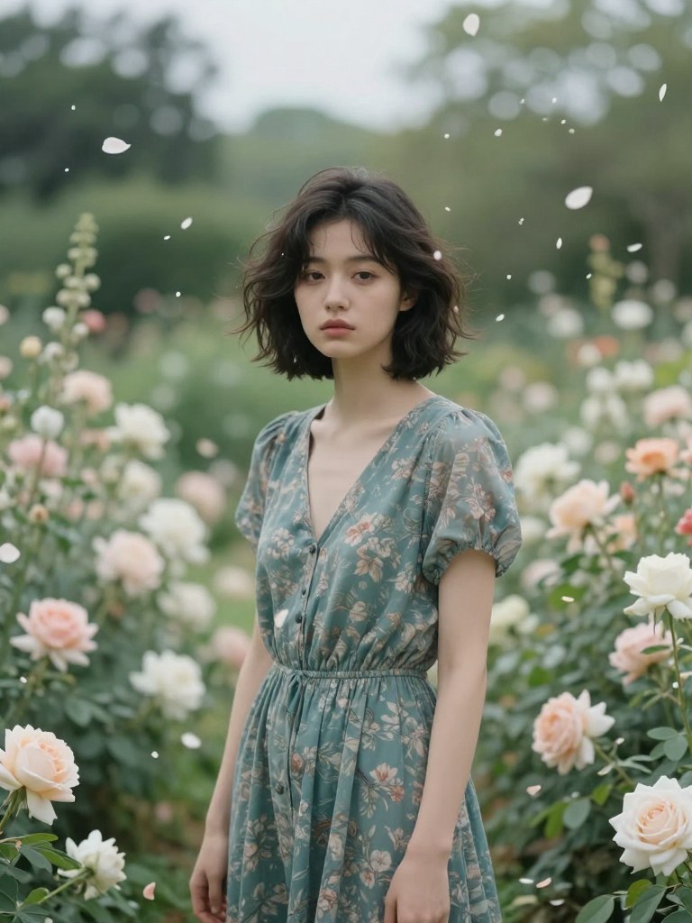Z-Image Turbo generation: Create a dreamy fine-art portrait of a young woman standing in a lush garden in full bloom…