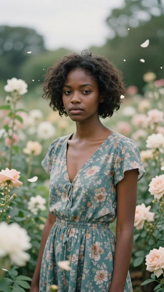 Z-Image Turbo generation: Create a dreamy fine-art portrait of a young African-American woman in a lush garden in fu…