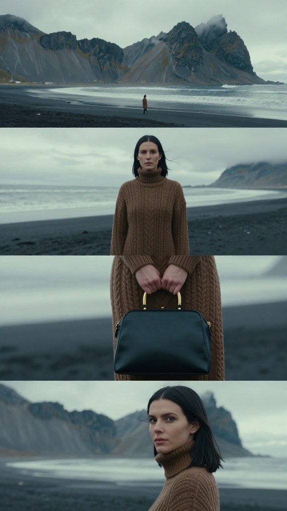 Z-Image Turbo generation: A vertical cinematic editorial image composed of four horizontal film frames stacked verti…