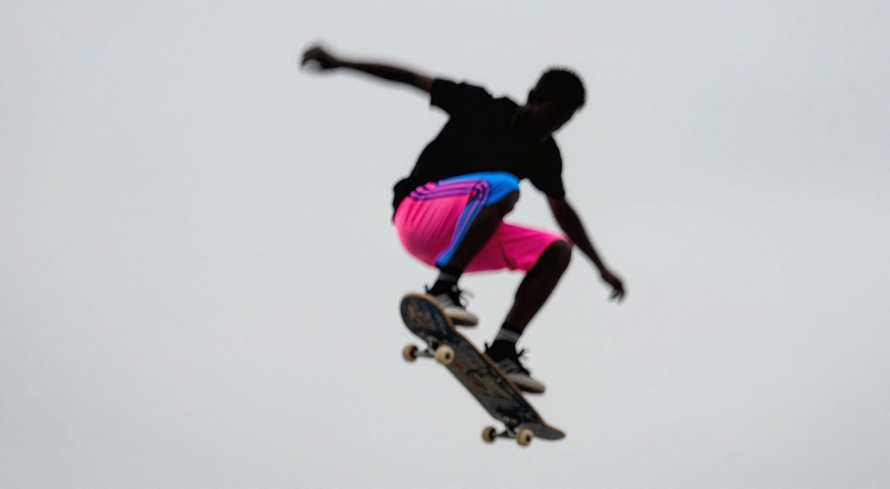 Z-Image Turbo generation: A blurred silhouette of a skateboarder midair performing a kickflip, wearing bright neon p…