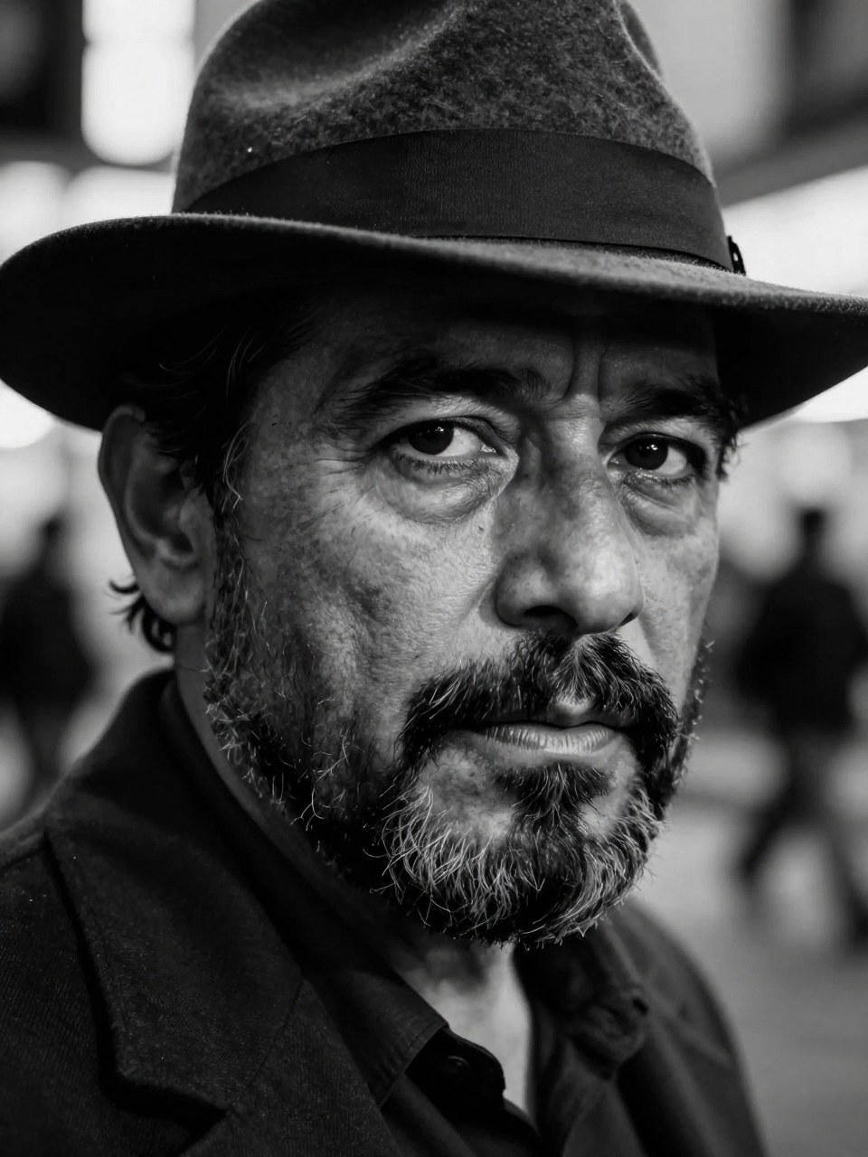 Z-Image Turbo generation: Close-up shot, black-and-white cinematic portrait of a 53-year-old Mexican man's face mid-…