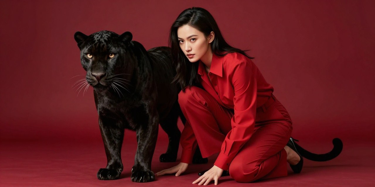 Z-Image Turbo generation: : A woman dressed in a red outfit crouches beside a sleek black panther against a deep red…