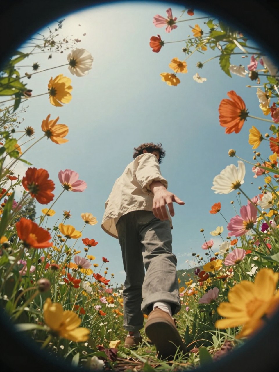 Z-Image Turbo generation: Low angle of someone reaching downa s they walk by, fisheye lens Surreal cinematic flowers…