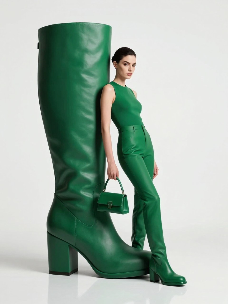 Z-Image Turbo generation: Subject: A confident woman standing against an oversized green leather boot sculpture. She…