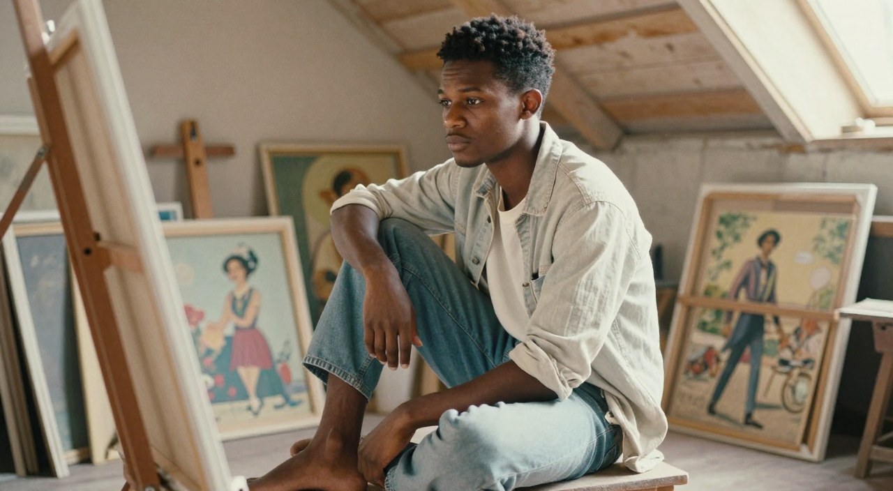 Z-Image Turbo generation: Bohemian youth portrait of a barefoot African American male painter, inside a cluttered at…